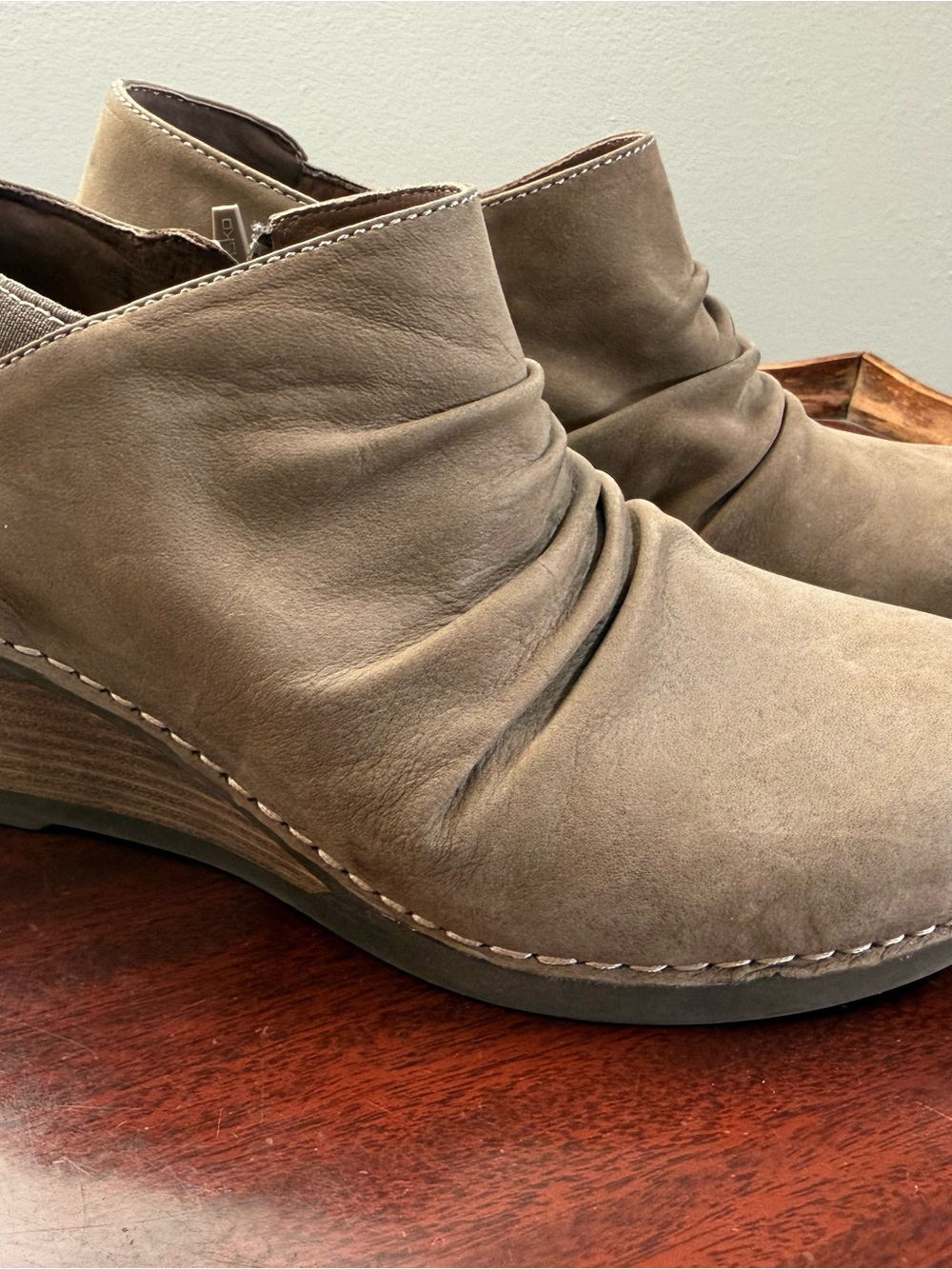 Dansko Taupe Leather Ruching Wedge Booties